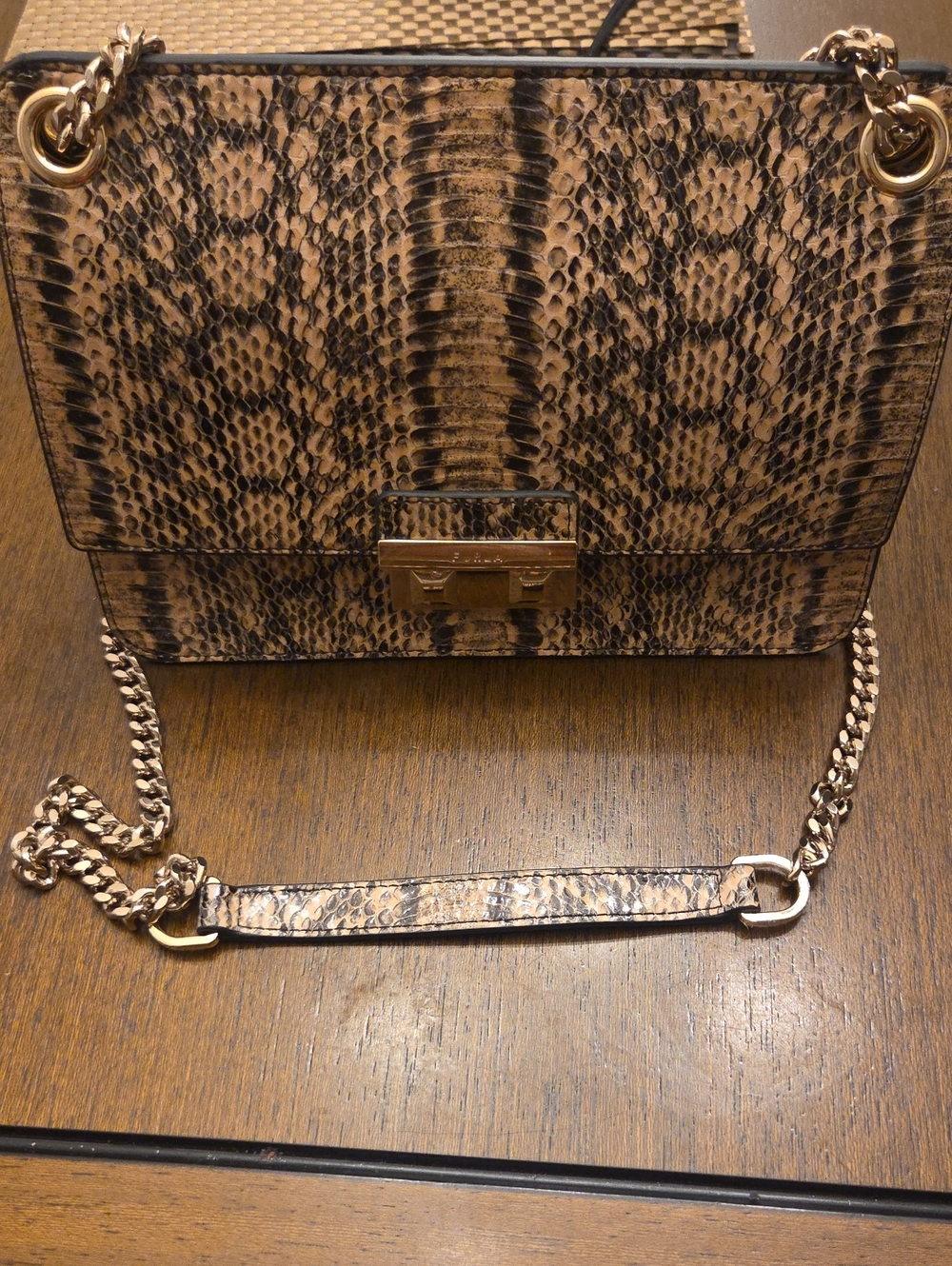 Snake-Embossed Chain Crossbody Bag in Brown